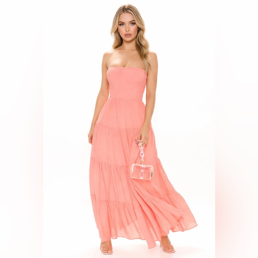 Fashion Nova Strapless Coral-Peach Tiered Maxi Dress
